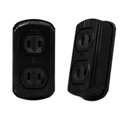 Two black outdoor duplex outlet covers shown from the front and side angles on a plain white background.