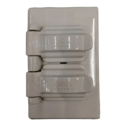 An Eagle Electric double outlet electrical panel with two sockets, shown against a plain white background.