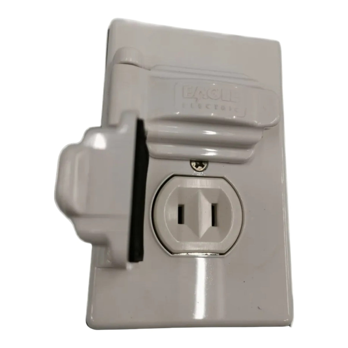 A white plastic outlet cover plate with a built-in outlet, shown with a matching white plug inserted. The brand name 'EAGLE EXCESS' is embossed on the top cover.