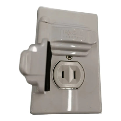 A white plastic outlet cover plate with a built-in outlet, shown with a matching white plug inserted. The brand name 'EAGLE EXCESS' is embossed on the top cover.
