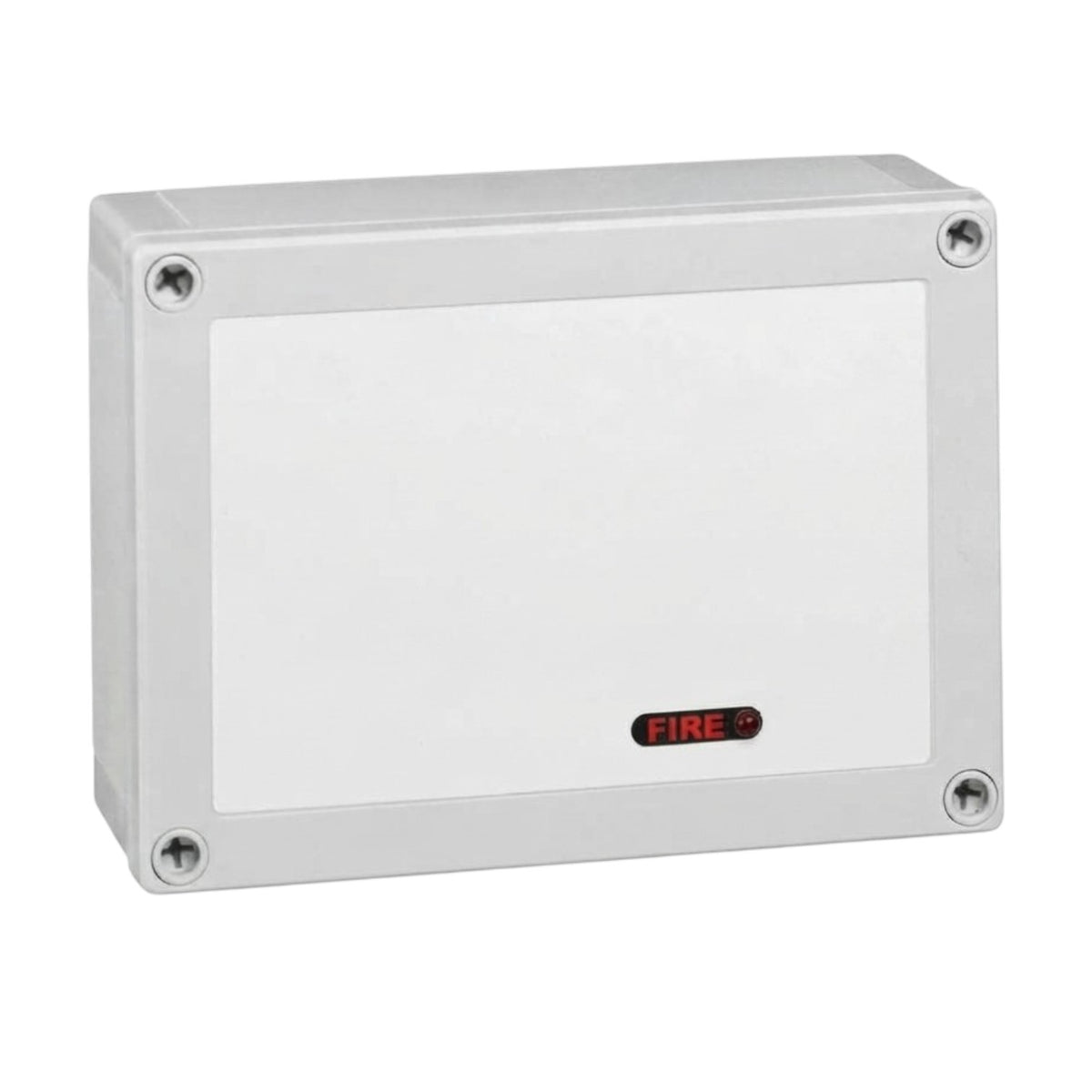 A white rectangular electrical junction box with rounded corners, four mounting screw holes, and a small red 'FIRE' label on the front, shown on a plain white background.