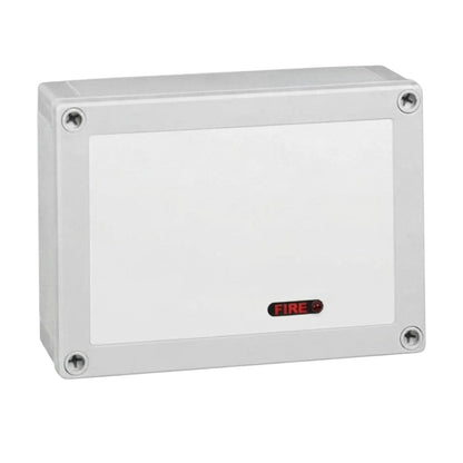 A white rectangular electrical junction box with rounded corners, four mounting screw holes, and a small red 'FIRE' label on the front, shown on a plain white background.