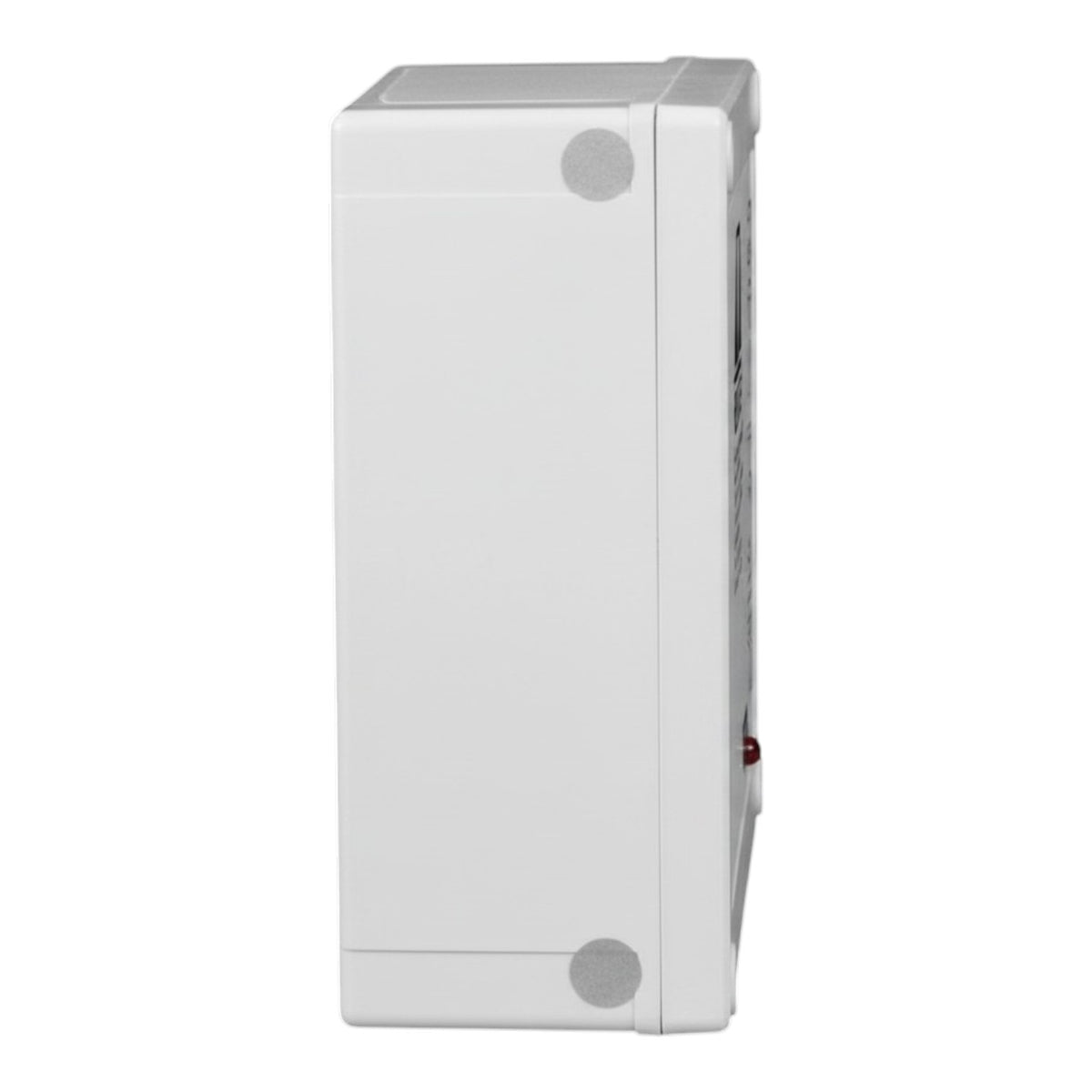 A white rectangular wall-mounted device, likely an electrical or plumbing component, shown from a side angle against a plain white background.