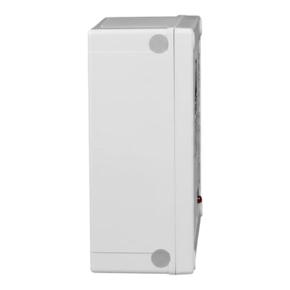 A white rectangular wall-mounted device, likely an electrical or plumbing component, shown from a side angle against a plain white background.