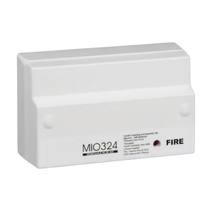 A white rectangular electronic module with printed text including 'MIO324' and 'FIRE' on the front, photographed on a plain white background.