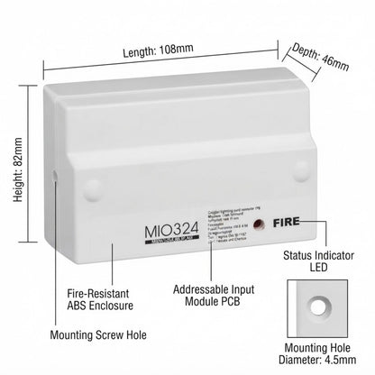 White MIO324 fire-resistant ABS enclosure module with dimension annotations showing length 108mm, height 82mm, and depth 46mm, plus a small inset of the mounting hole diameter.
