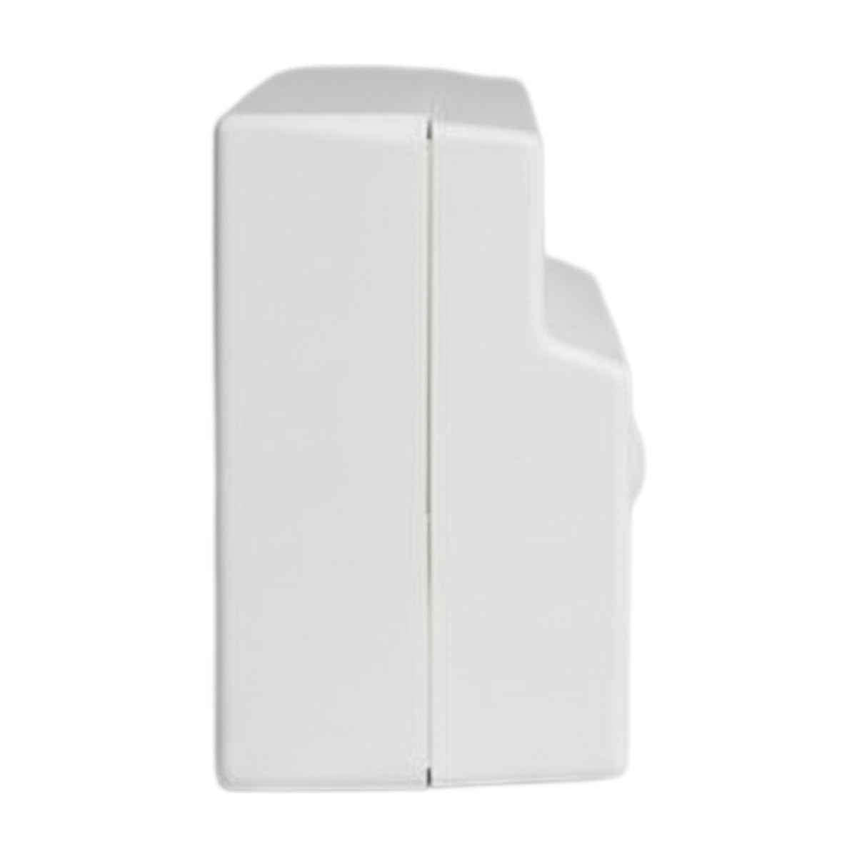 A white plastic wall-mounted dispenser or fixture shown from the side against a plain white background.