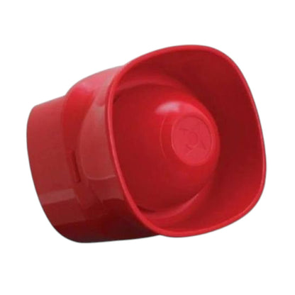 A red plastic bell or horn-shaped device with a rounded square outer edge and a cylindrical base, shown on a plain white background.