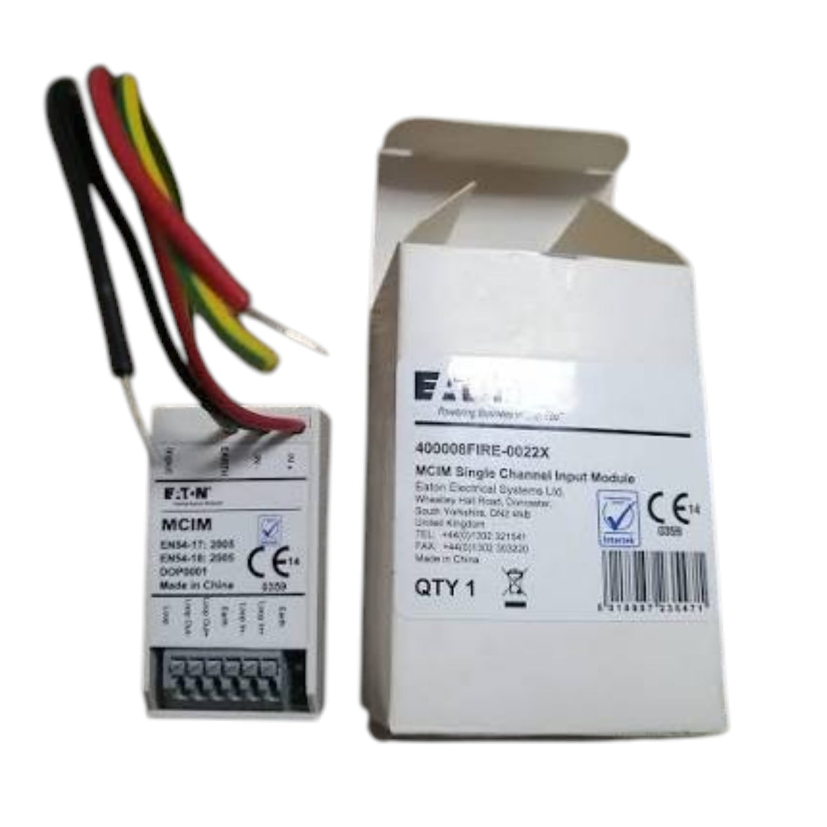 An Eaton electrical input module and its outer cardboard packaging box, shown on a plain white background.
