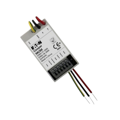 An Etn Groupp1 MC04A electrical terminal block device with a white plastic housing, black terminal strip, and four colored wires (yellow, red, black, green) on a plain white background.