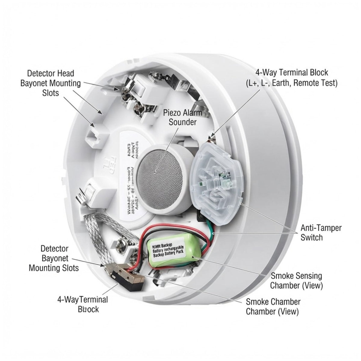 Internal exploded view of a smoke alarm with labeled callouts pointing to components such as the detector head, piezo alarm sounder, anti-tamper switch, smoke chamber, and battery.