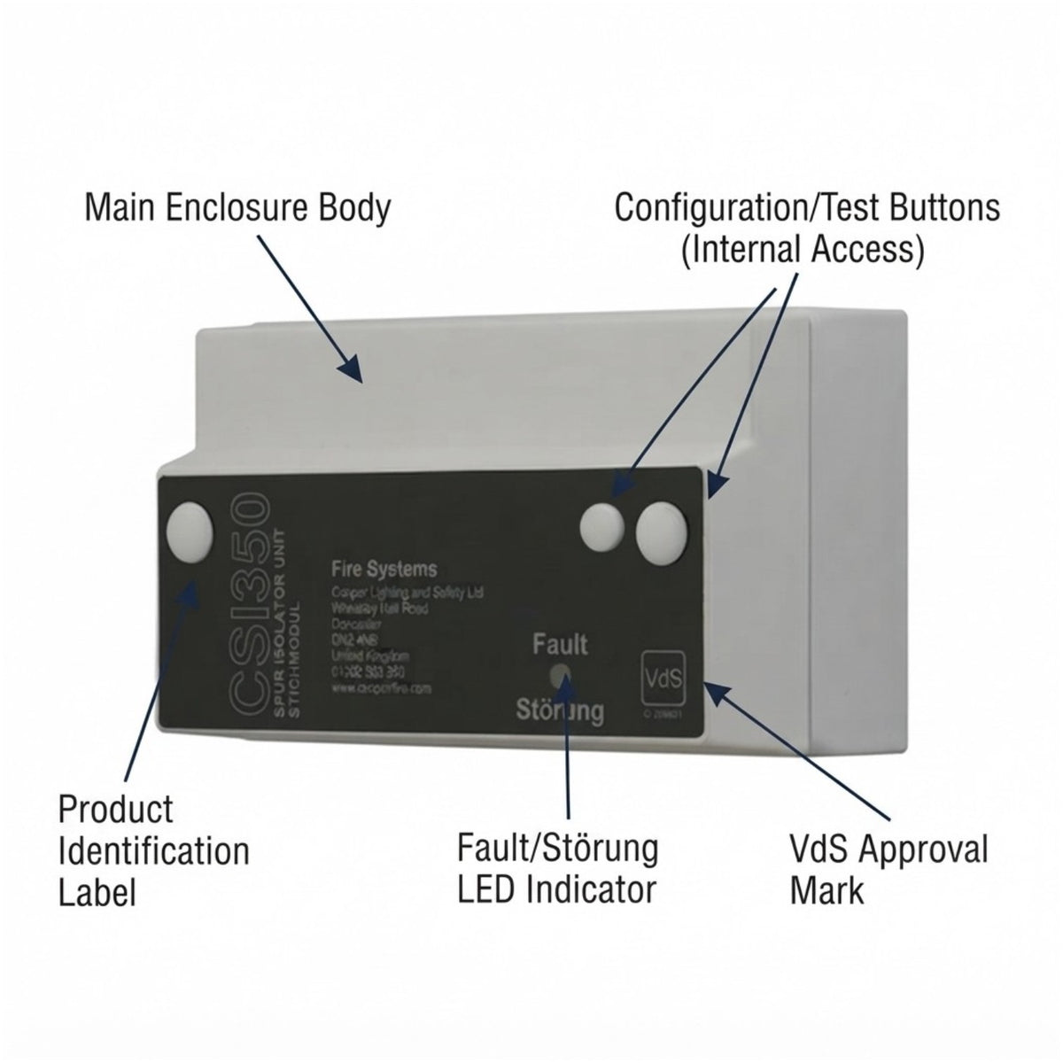 A technical product diagram of a CS350 fire alarm main enclosure with German text labels pointing to the main enclosure body, configuration/test buttons, product identification label, fault LED indicator, and VdS approval mark.