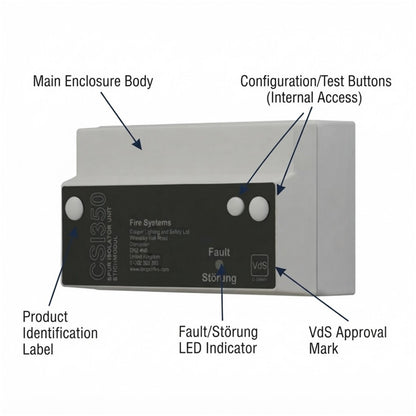 A technical product diagram of a CS350 fire alarm main enclosure with German text labels pointing to the main enclosure body, configuration/test buttons, product identification label, fault LED indicator, and VdS approval mark.
