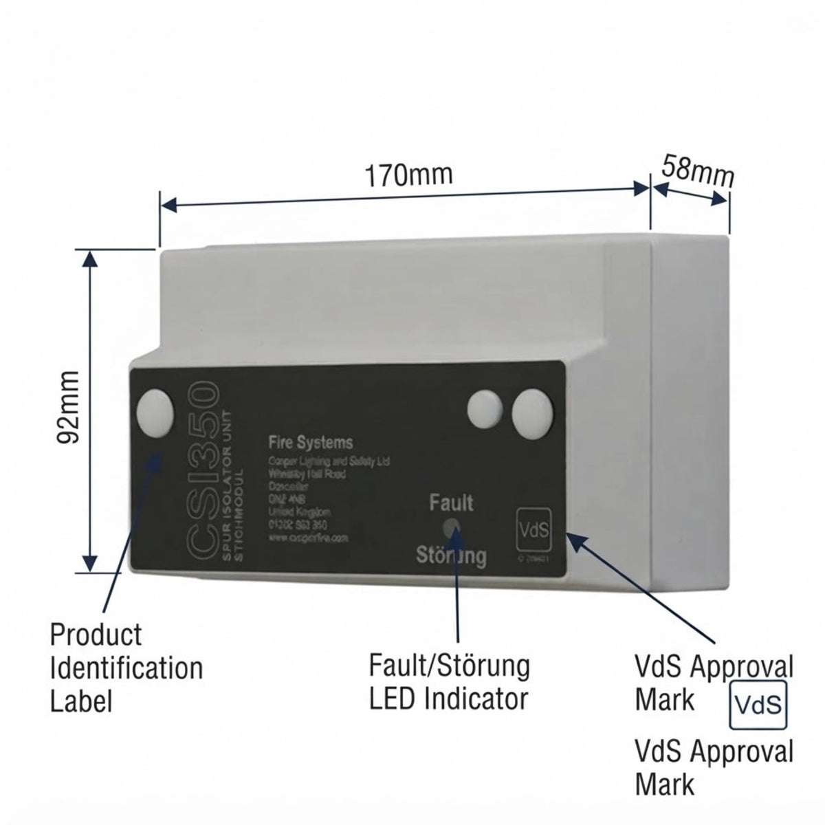 CSI350 fire alarm module with dimension annotations showing 170mm width, 58mm top depth, and 92mm height, on a white background with labeled callouts.