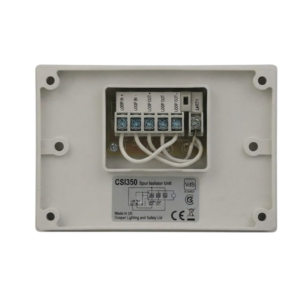A Cooper Lighting CSI350 spur isolator unit in a light gray plastic housing, showing the internal terminal block with white wires and printed technical specifications.