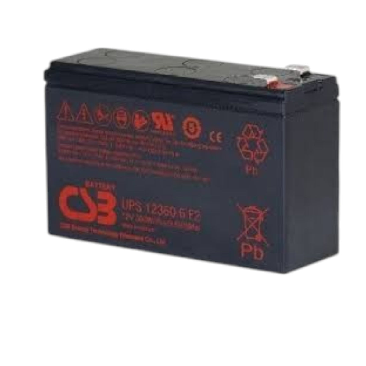 A black rectangular lead-acid battery with red printed specifications and symbols, including the CSB brand logo, on a plain white background.
