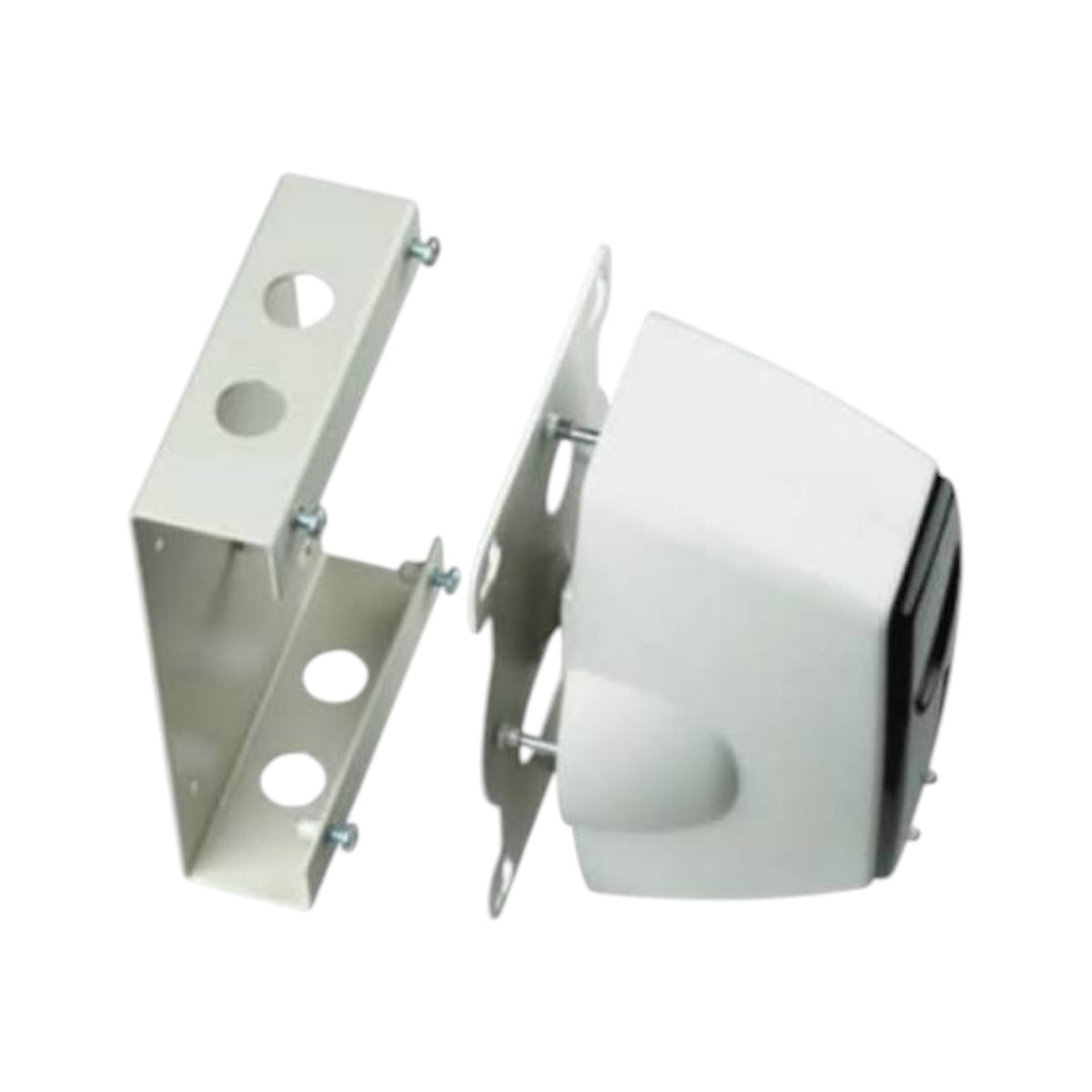 A white plastic dome security camera shown disassembled with its silver metal mounting bracket and wall plate separated, on a plain white background.