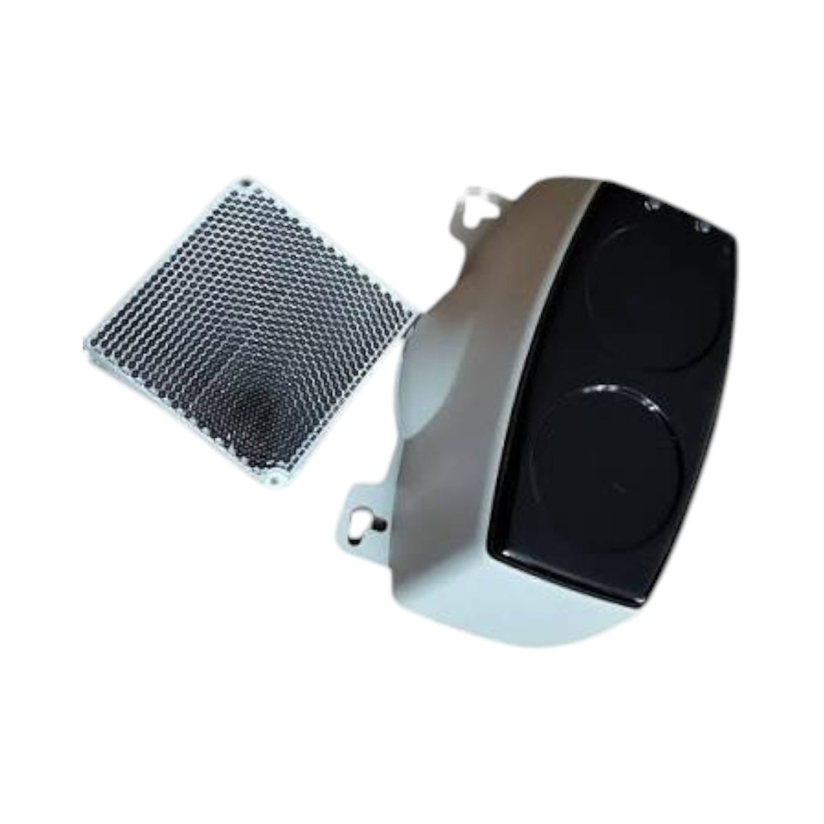 A replacement automotive part consisting of a black circular speaker face and a silver mesh grille, shown against a plain white background.