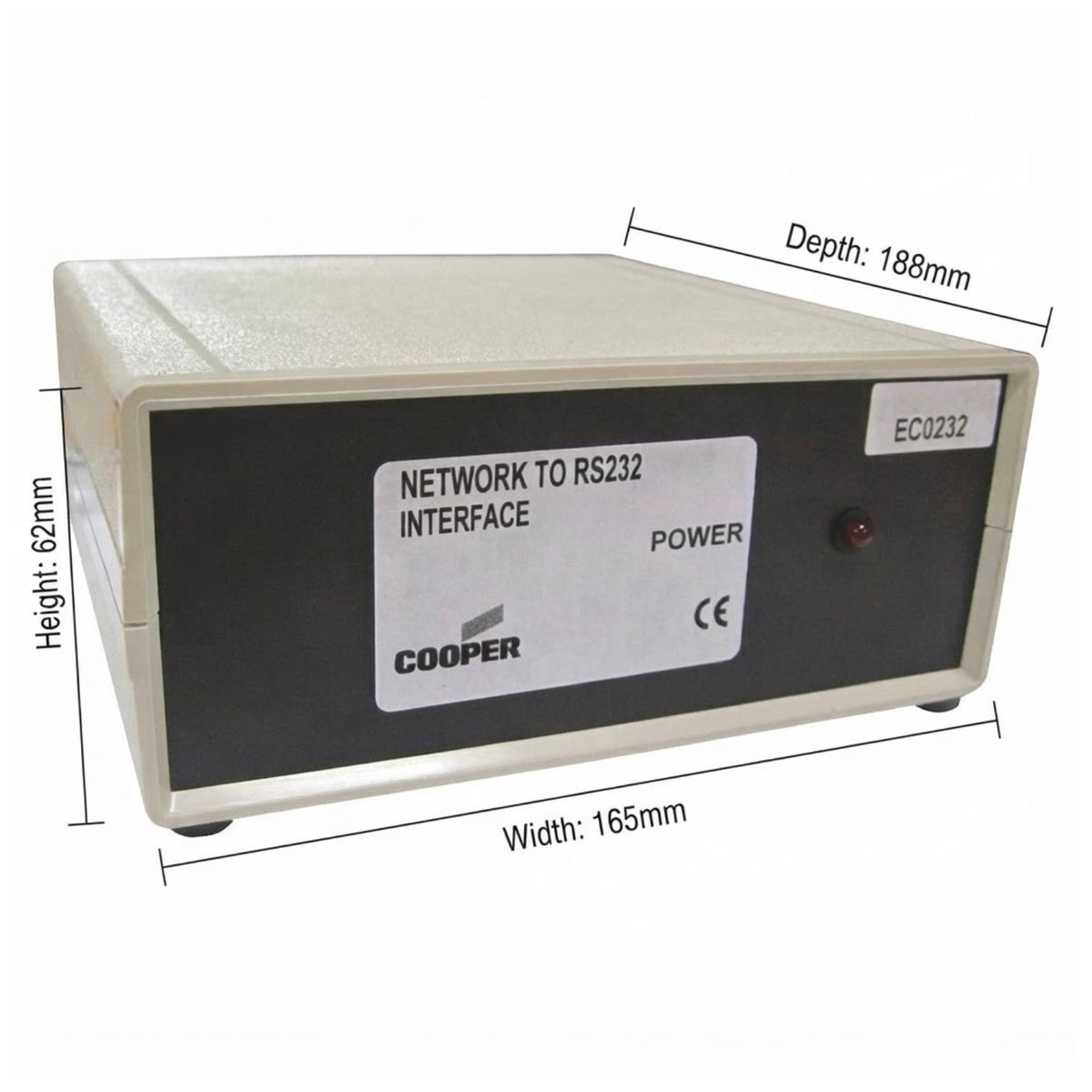 A Cooper Network to RS232 Interface device shown with dimension lines indicating its height, width, and depth measurements on a white background.