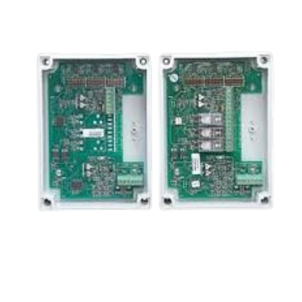 Two green printed circuit boards in white plastic housing, shown side by side on a plain white background.