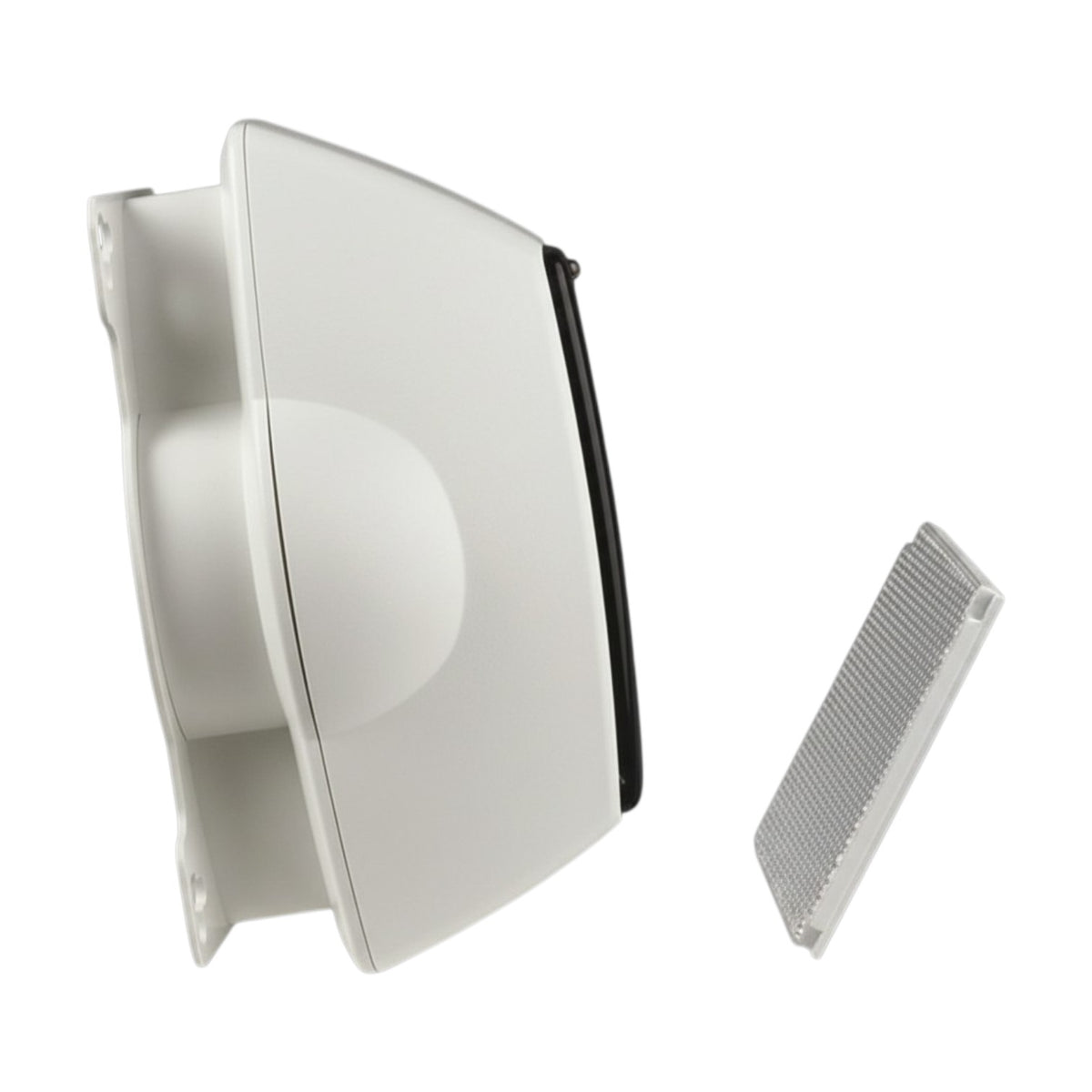 A white wall-mounted vent or exhaust grille component shown from an angled side view, with a separate rectangular grille insert placed to the right, on a plain white background.