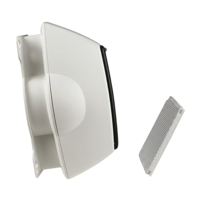 A white wall-mounted vent or exhaust grille component shown from an angled side view, with a separate rectangular grille insert placed to the right, on a plain white background.