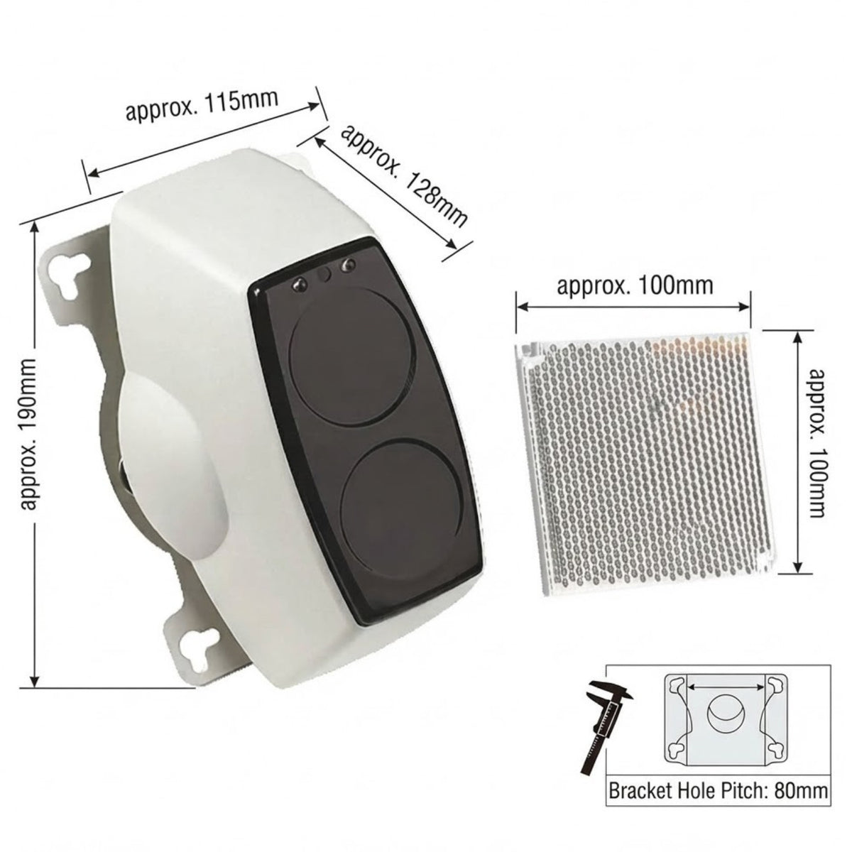 White and black electronic signal box with dimension annotations showing approximately 115mm width, 128mm depth, and 190mm height, alongside a metal grid component, bracket hole pitch measurement, and caliper inset on a white background.