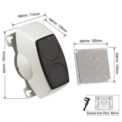 White and black electronic signal box with dimension annotations showing approximately 115mm width, 128mm depth, and 190mm height, alongside a metal grid component, bracket hole pitch measurement, and caliper inset on a white background.