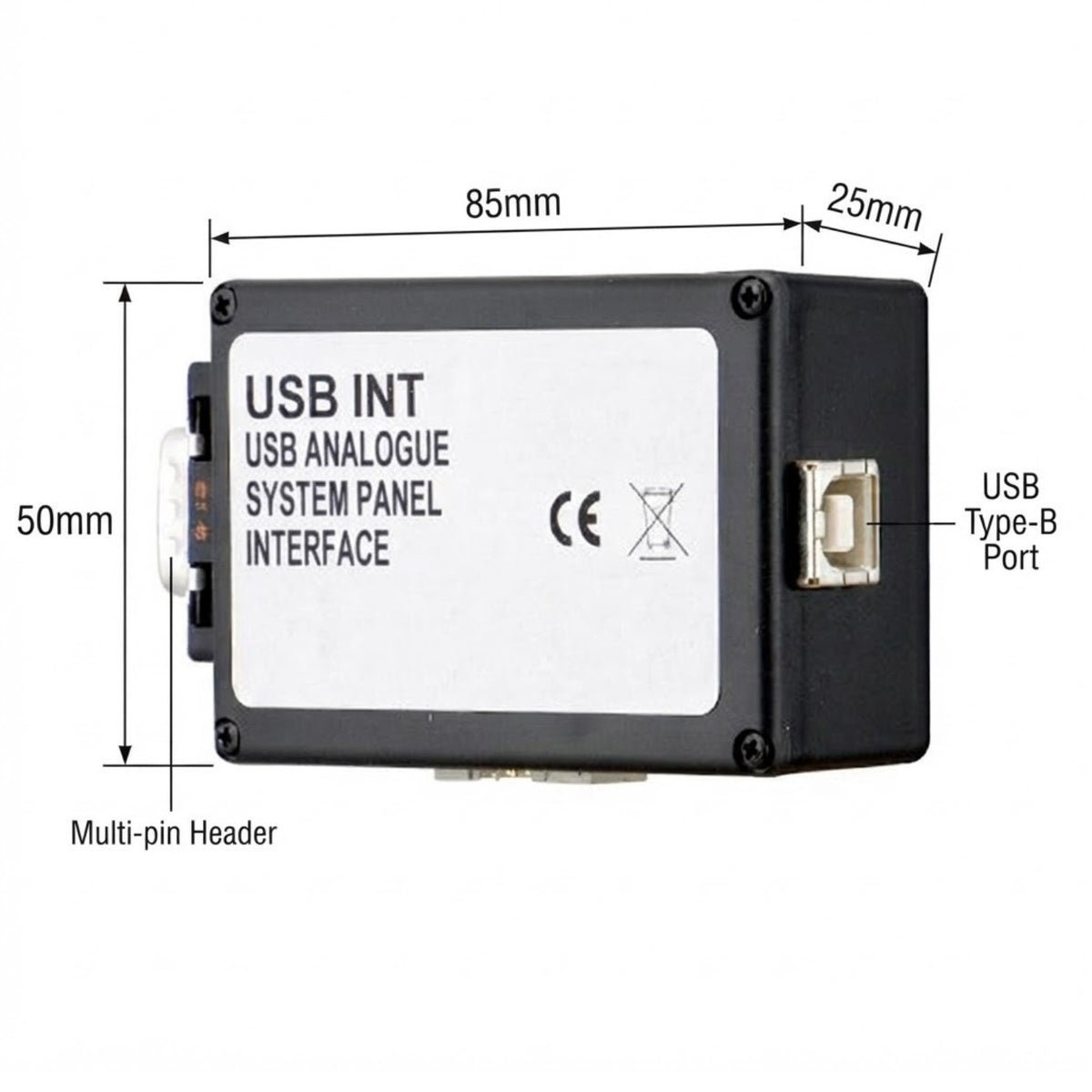 A black USB analogogue system panel interface with a white front label, shown with dimension markings of 85mm, 25mm, and 50mm on a white background.