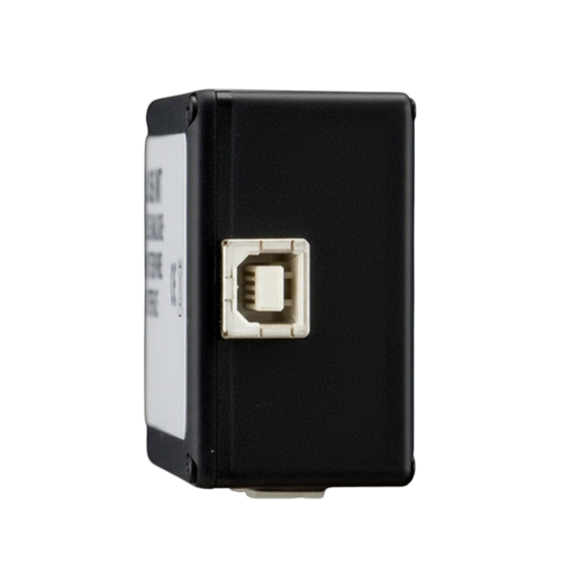 A small black rectangular electronic module with a white side label and a square metal connector port on the front, shown on a plain white background.