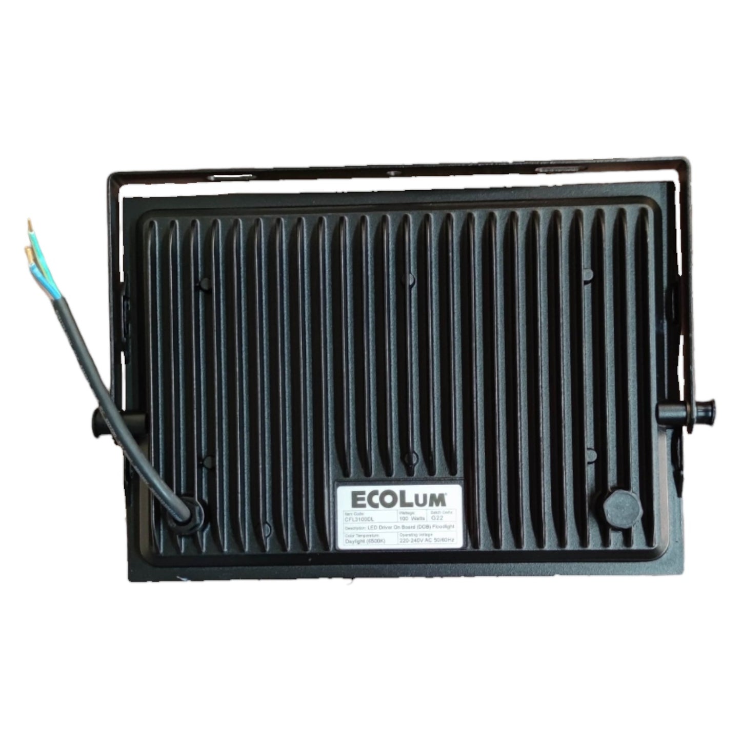 Black rectangular light fixture with 'Ecolum' branding on a white background