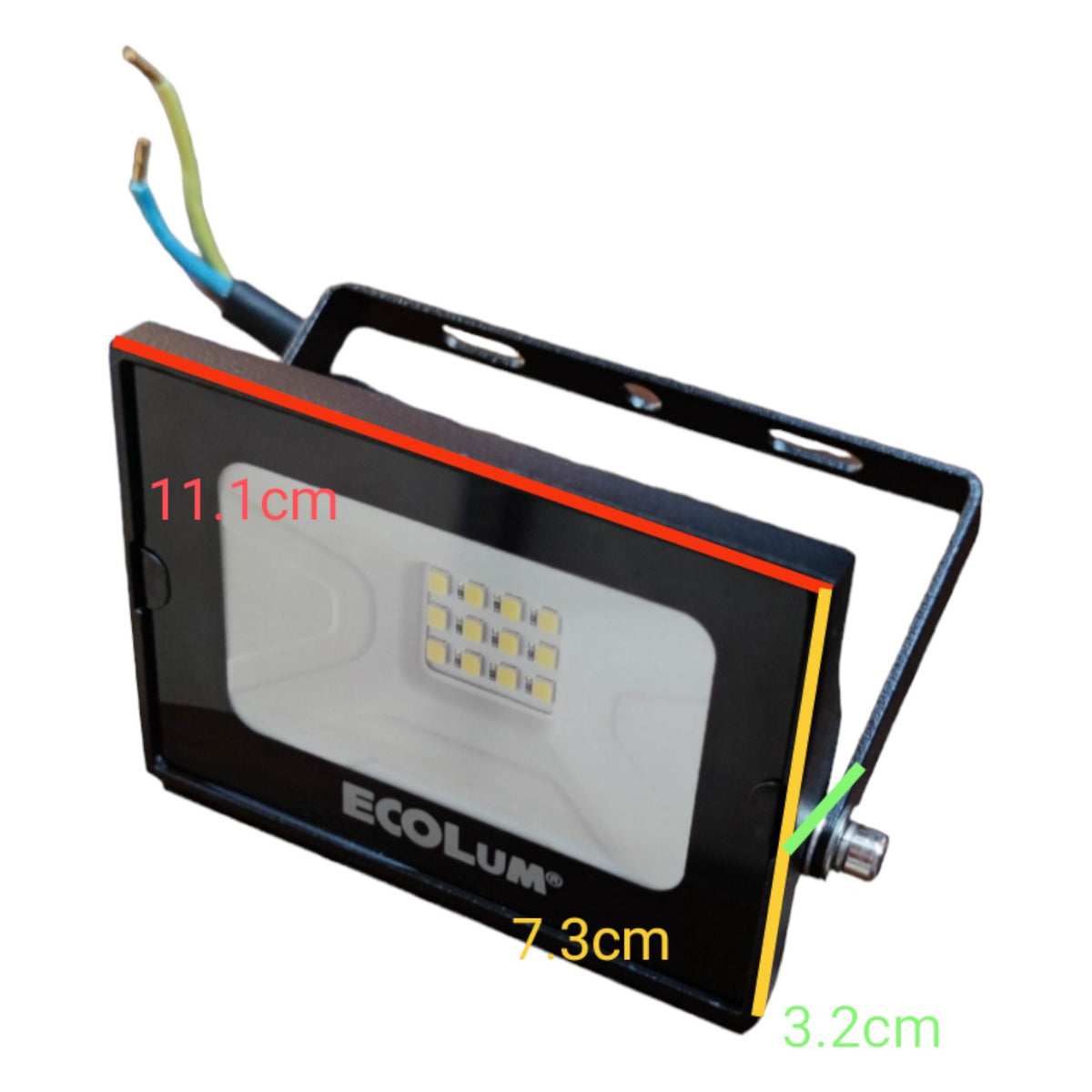 LED flood light with dimensions labeled on a white background