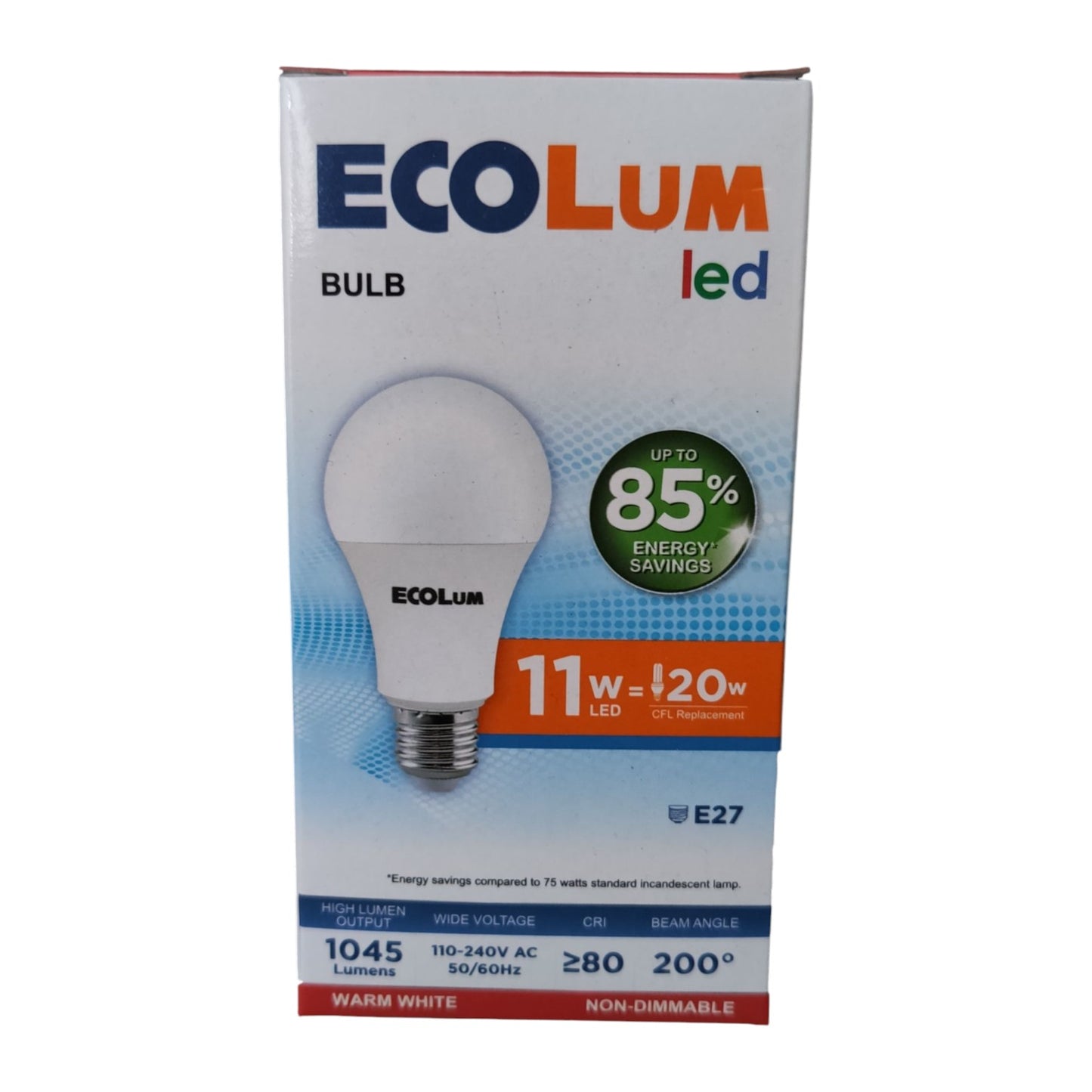 Ecolum LED bulb packaging on a white background