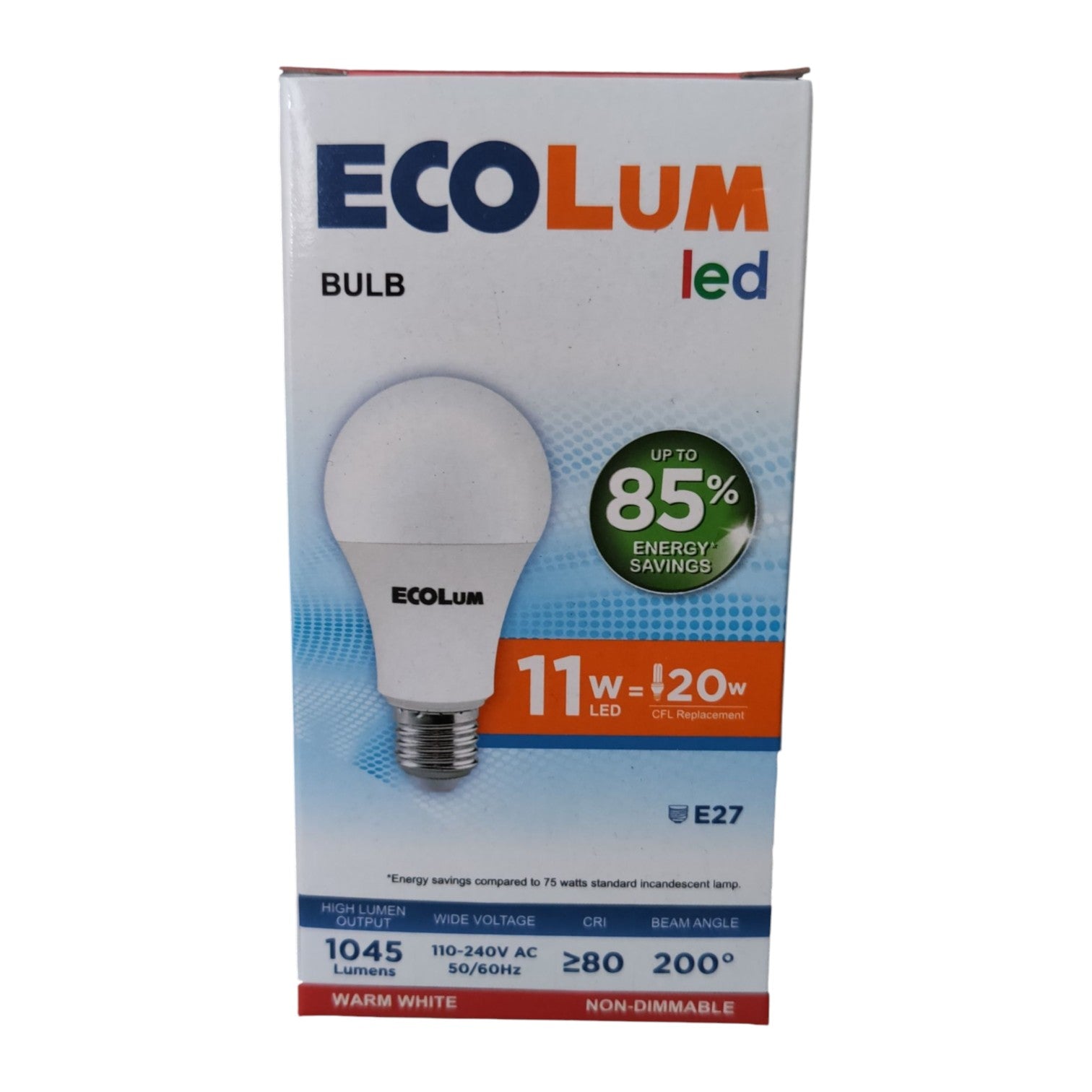 Ecolum LED bulb packaging on a white background