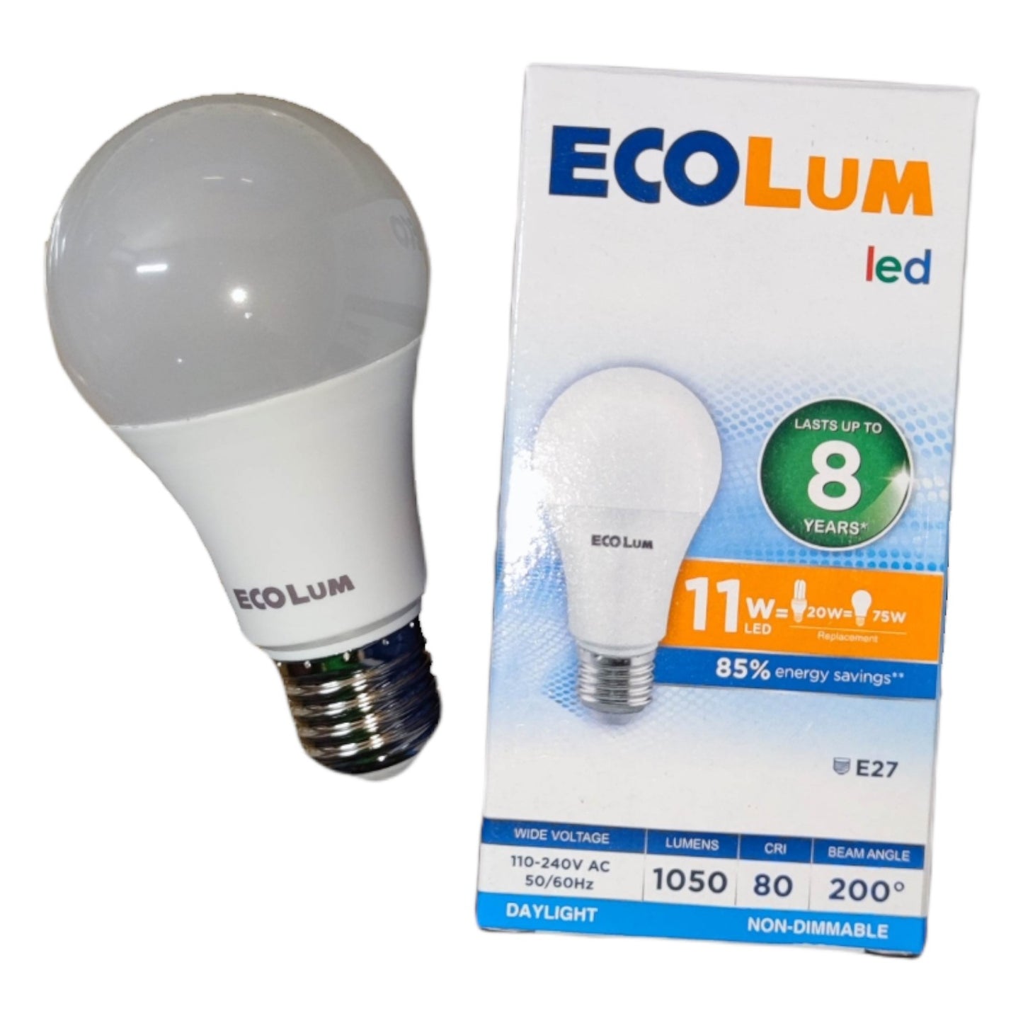 Ecolum LED bulb and its packaging on a white background