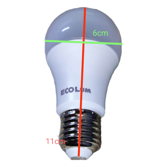 LED light bulb with measurements on a white background