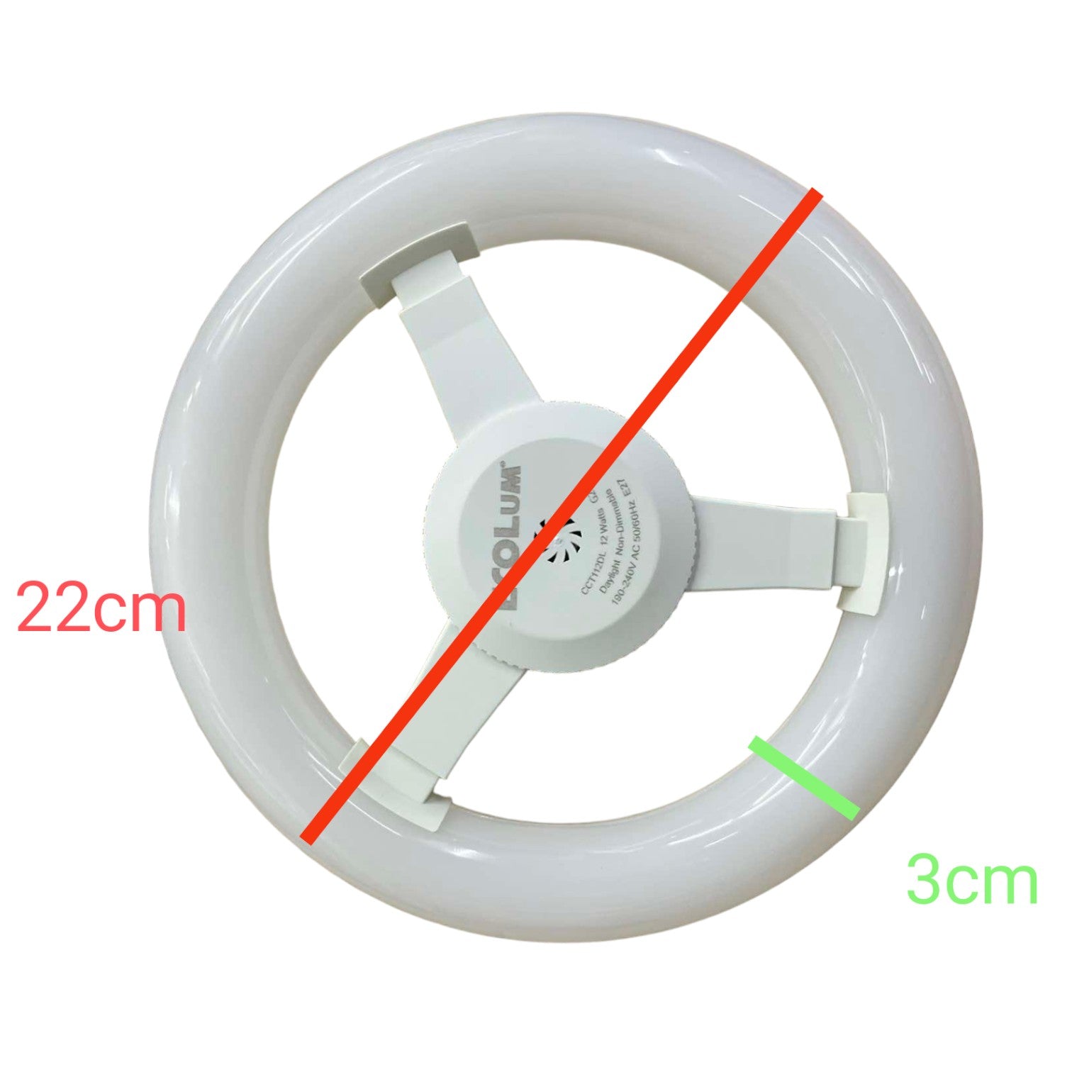 Circular white light bulb with measurements on a white background