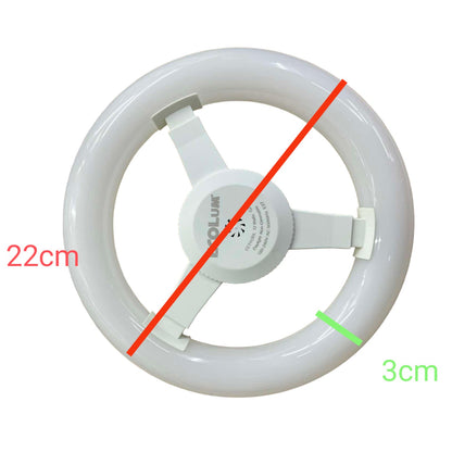 Circular white light bulb with measurements on a white background