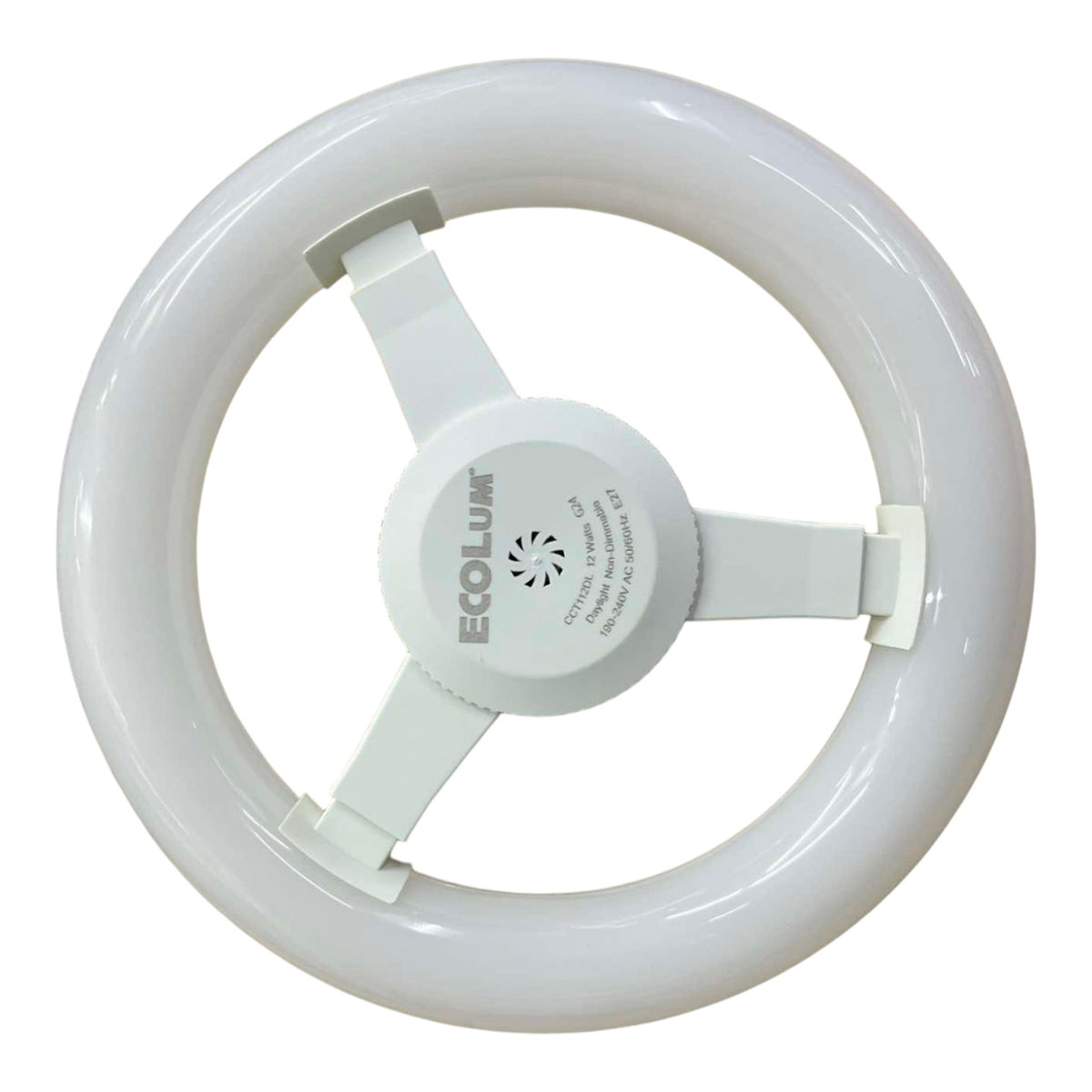 Circular light bulb with 'EcoLum' branding on a white background