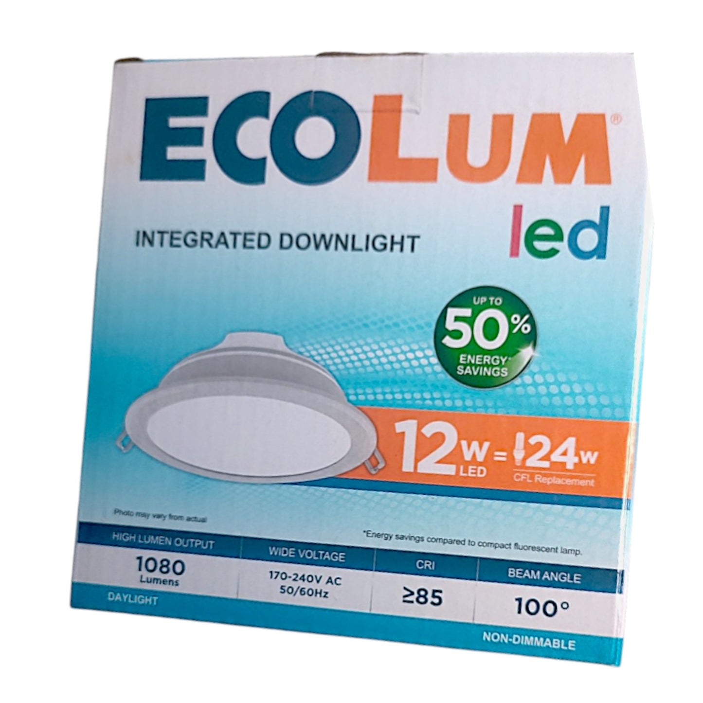 Ecolum LED integrated downlight packaging on a white background