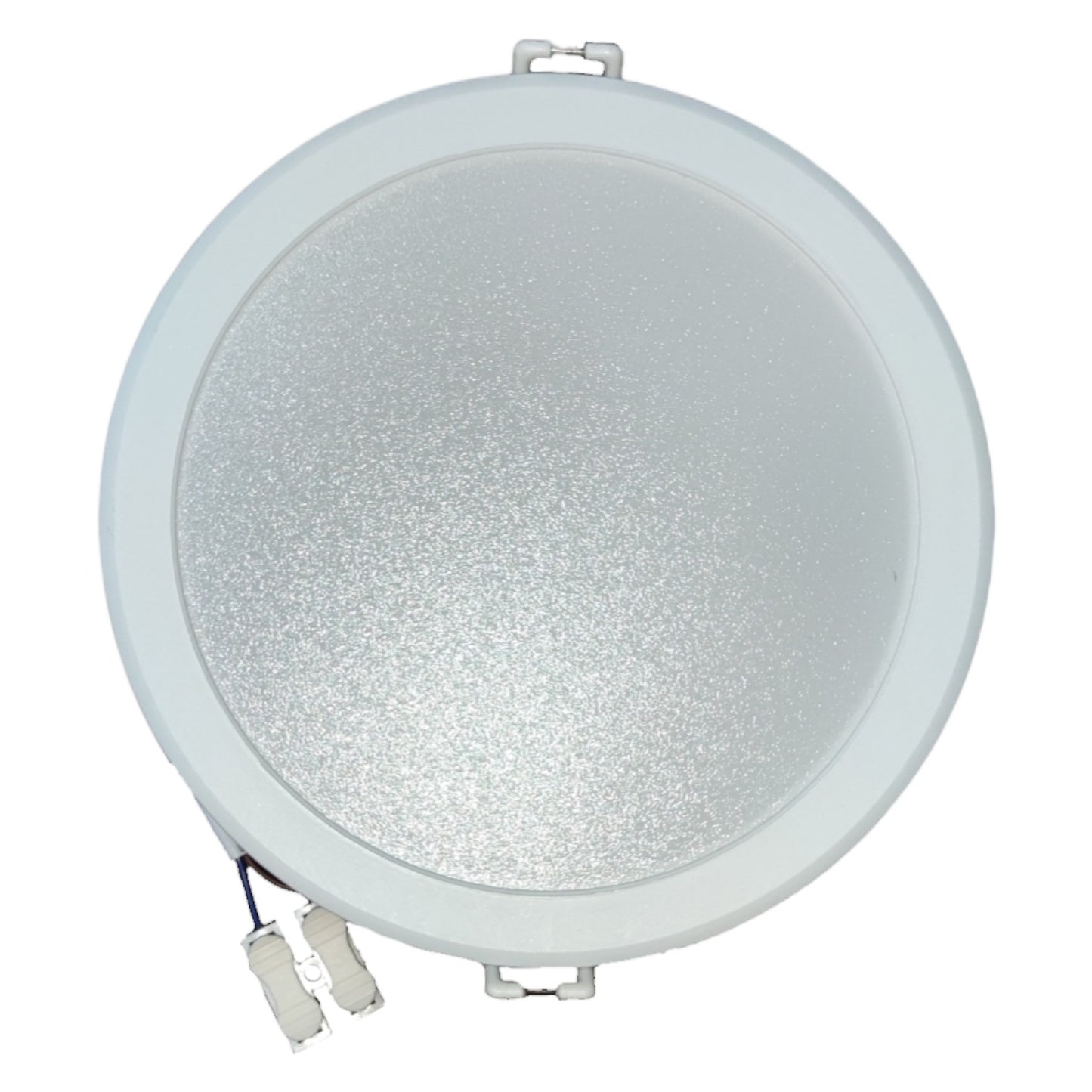 Round light fixture with a textured white surface on a white background