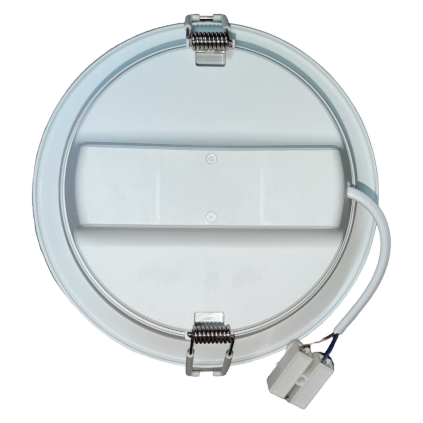 Round white light fixture with a cable on a white background