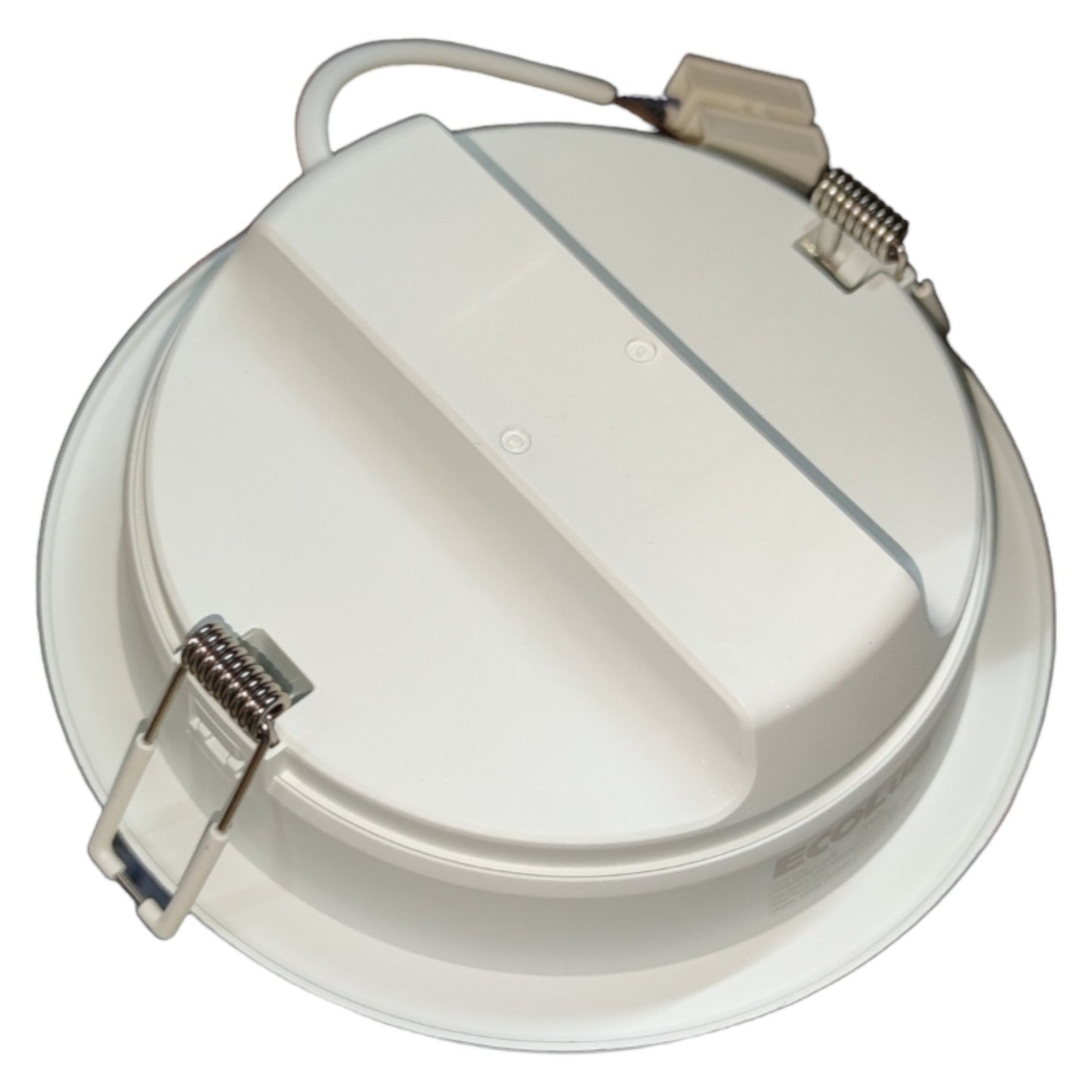 Round white light fixture with visible branding on a white background