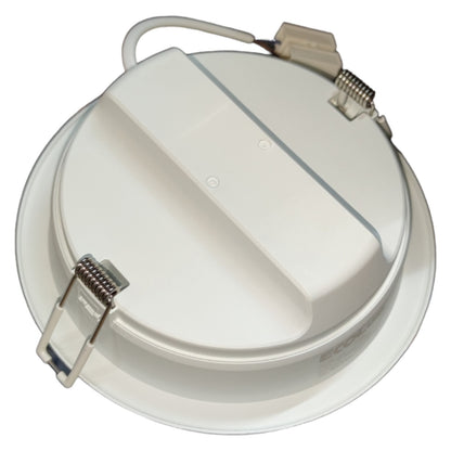 Round white light fixture with visible branding on a white background