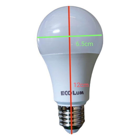 LED light bulb with measurements on a white background