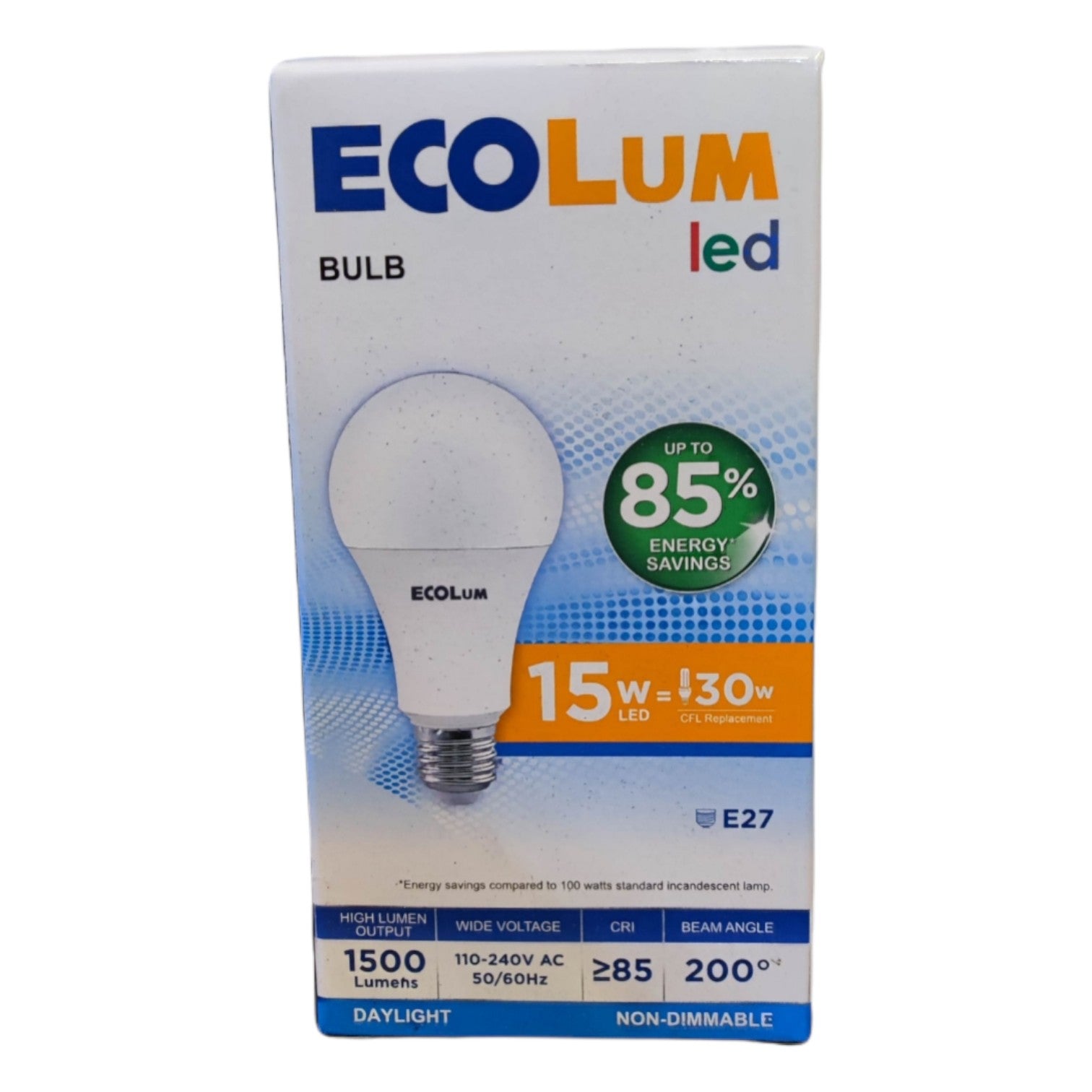 Ecolum LED bulb packaging on a white background
