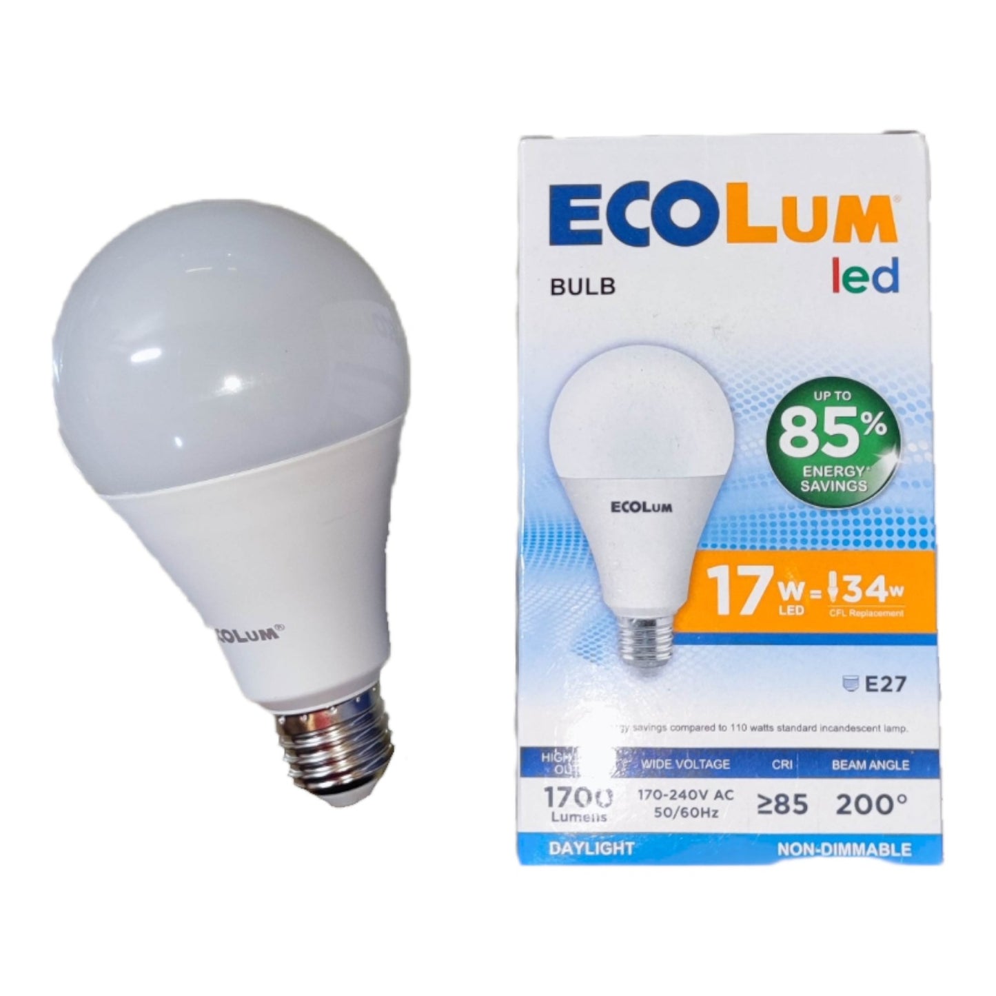 Ecolum LED bulb with packaging on a white background