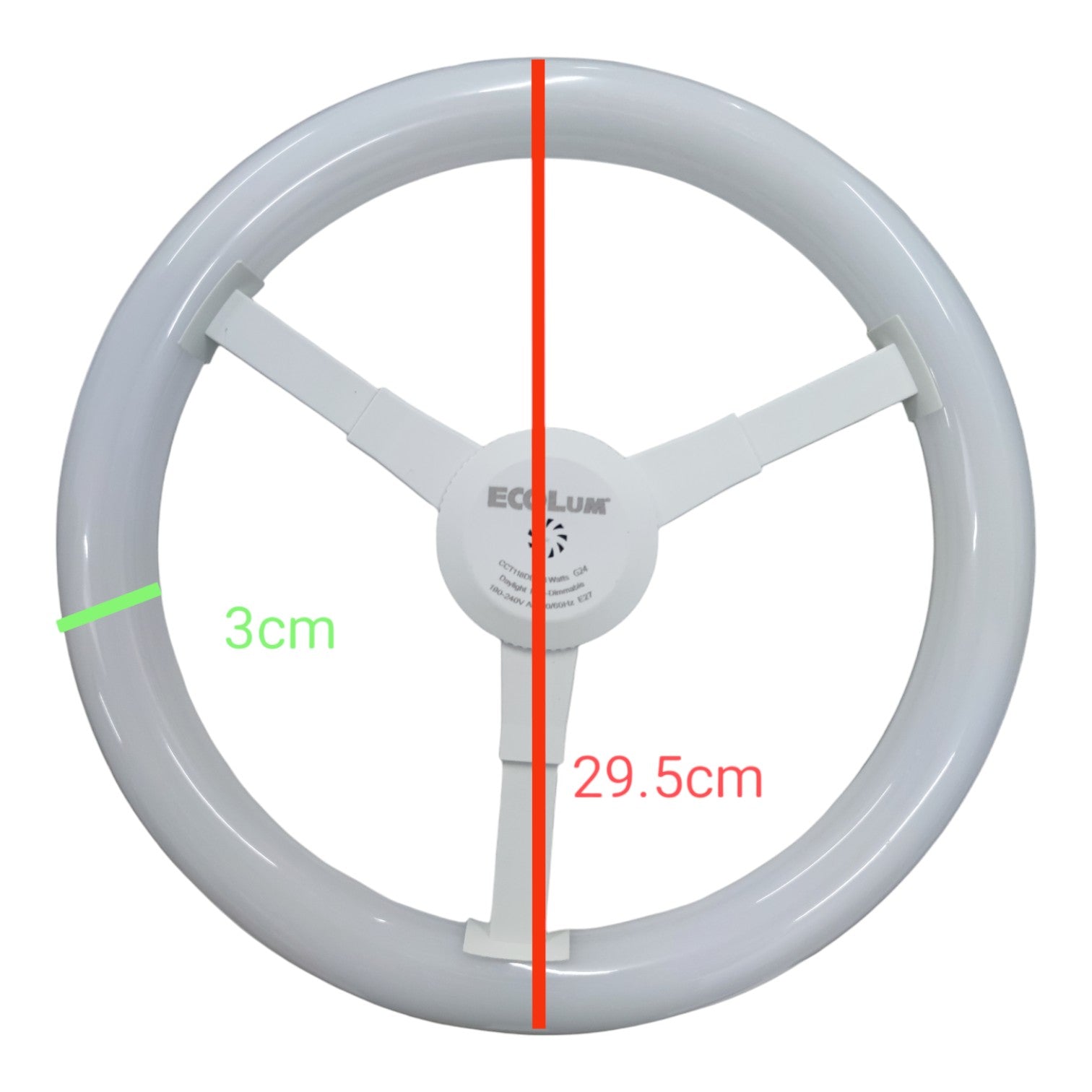 Circular light bulb with measurements on a white background