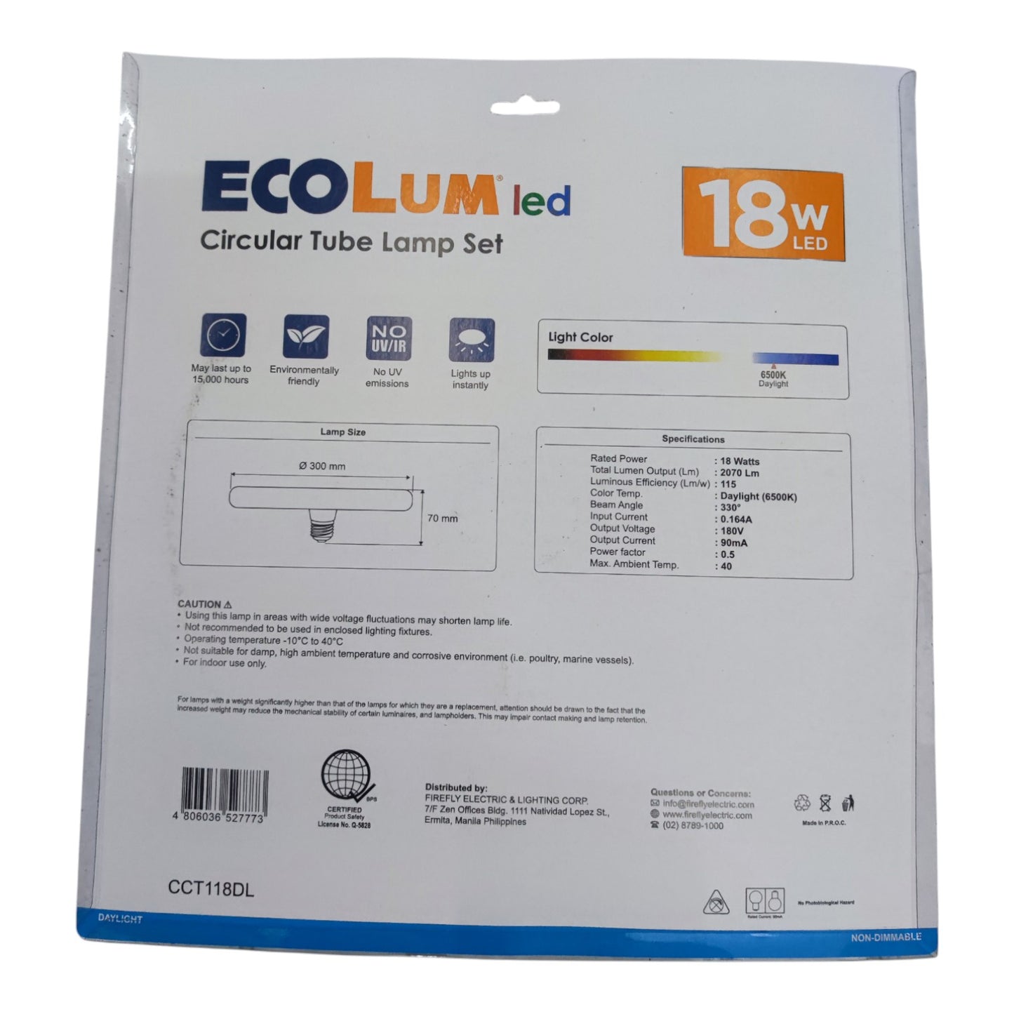 EcoLum LED circular tube lamp set packaging with specifications on a white background