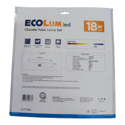 EcoLum LED circular tube lamp set packaging with specifications on a white background